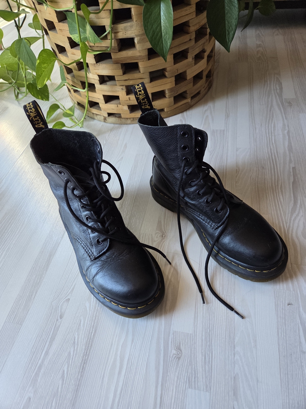 Dr. Martens Black Leather Lace-Up Combat Boots with Yellow Stitching